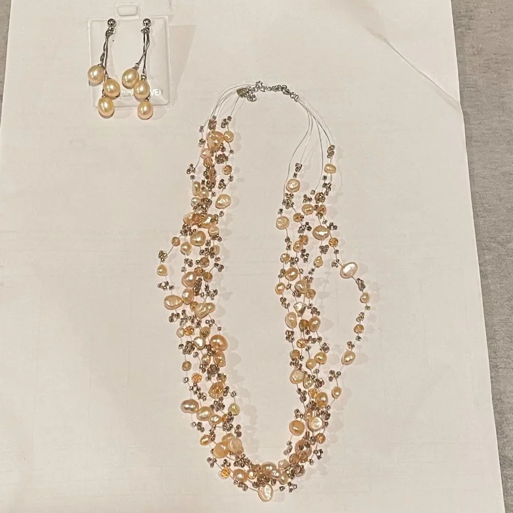 NEW Pink Gold Pearls Beaded multi layer necklace dangling earrings set - Picture 2 of 9